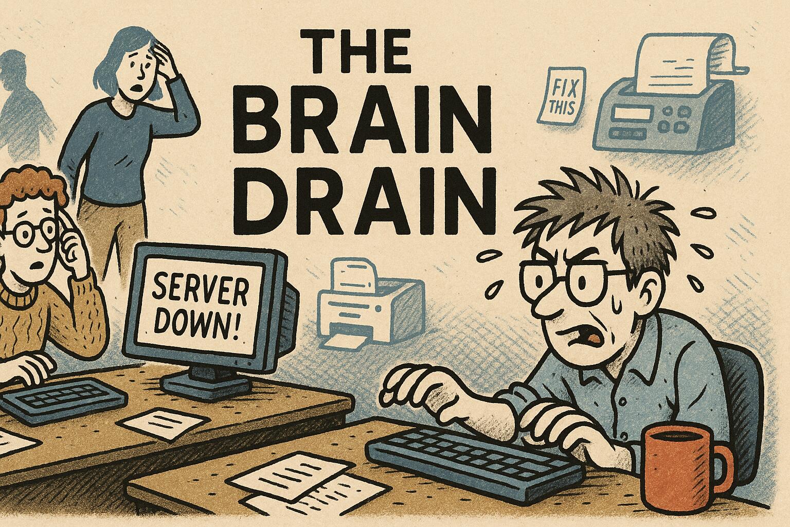 Cover art for The Brain Drain Blues (1.0) showing a lone IT engineer with a guitar