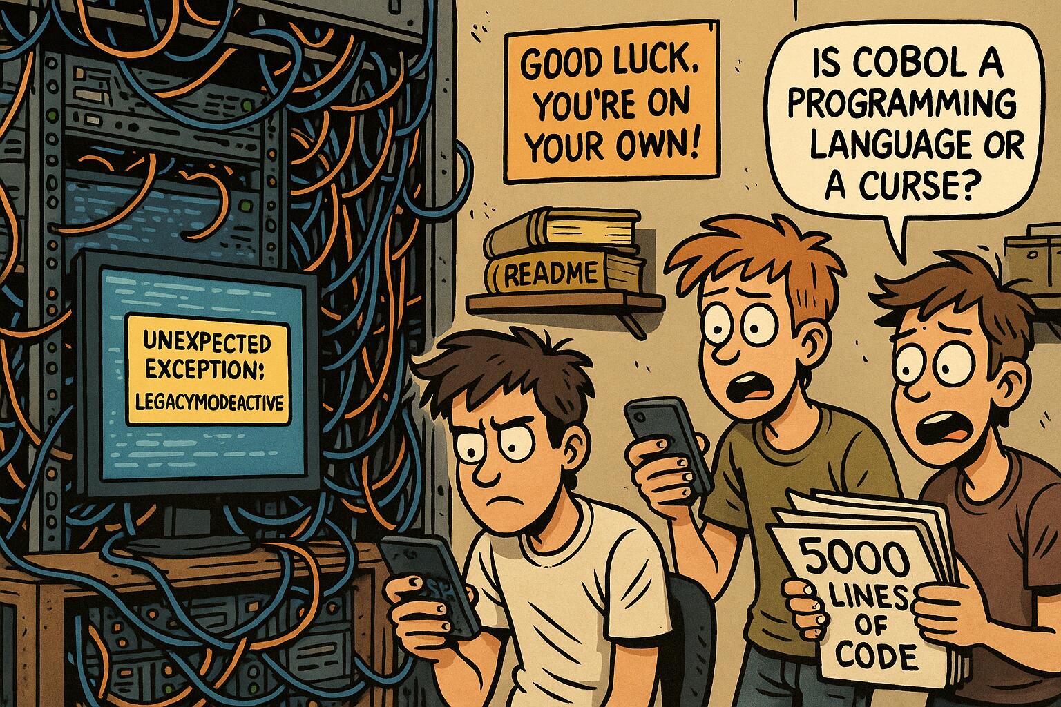 Cover art for The Brain Drain Blues (1.2) showing an overwhelmed IT team