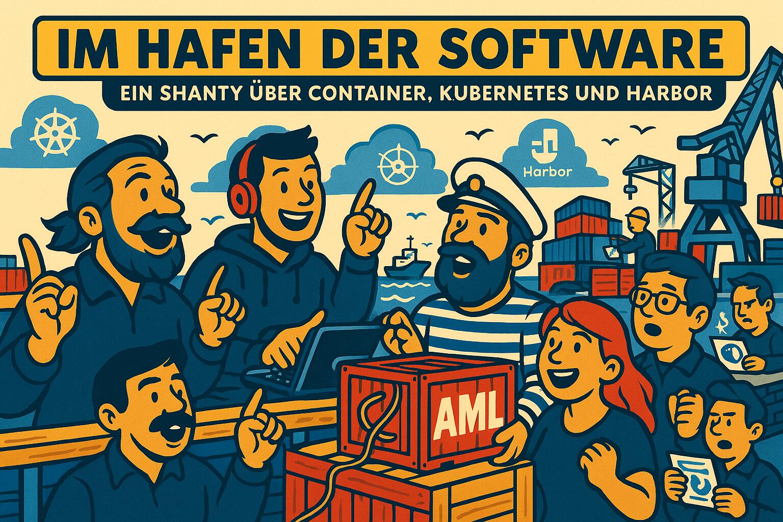 Illustration des Hafens der Software mit einer deutschsprachigen Crew, die einen IT-Shanty singt