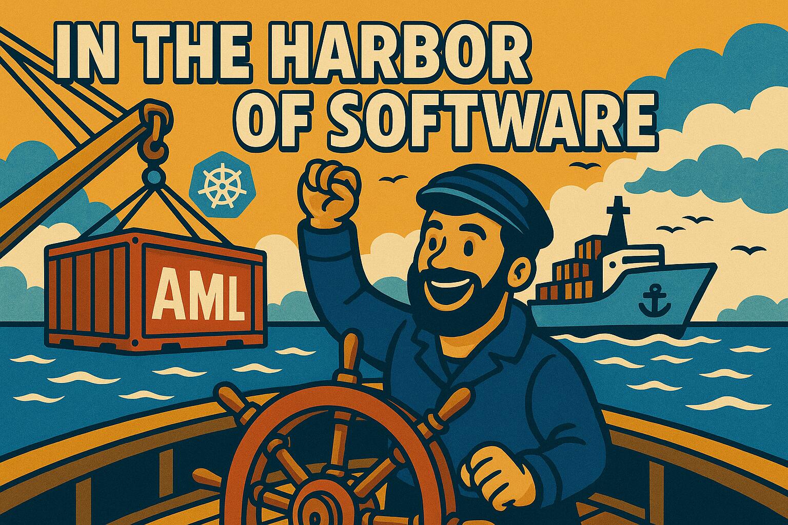 Illustration of the Harbor of Software with an English-speaking crew singing a coding shanty