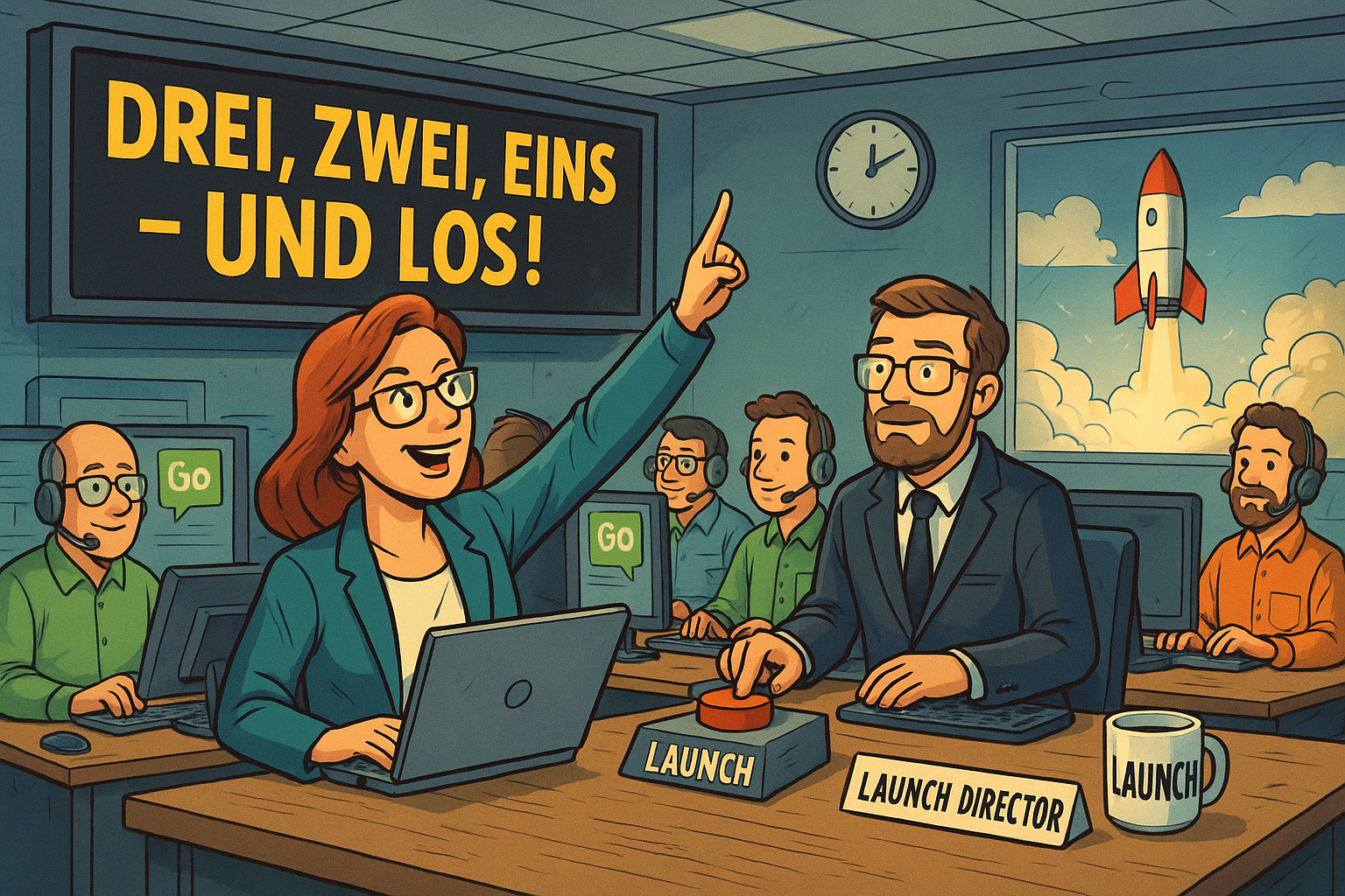 Ein witziges Lied über den großen Moment: Der Software-Launch als Raketenstart – mit Countdown, Kaffee und Chat-Alarm!